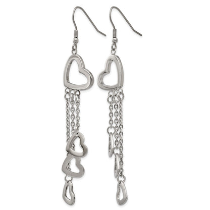 Stainless Steel Chisel Polished Hearts Dangle Shepherd Hook Earrings