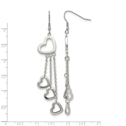 Stainless Steel Chisel Polished Hearts Dangle Shepherd Hook Earrings