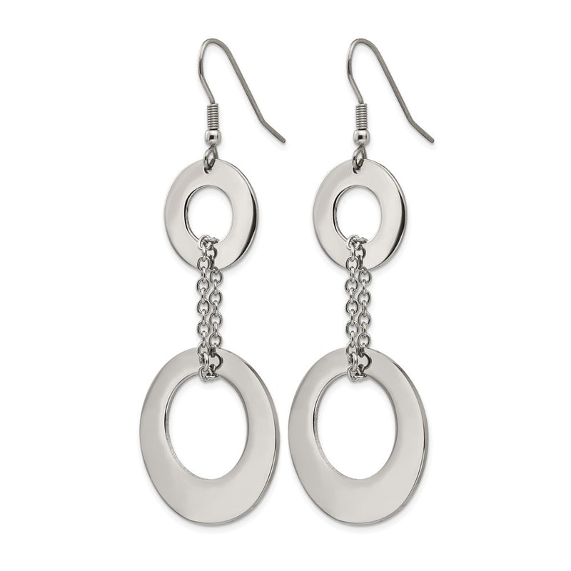 Stainless Steel Chisel Polished Circles Dangle Shepherd Hook Earrings