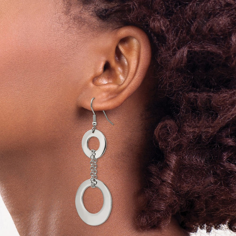Stainless Steel Chisel Polished Circles Dangle Shepherd Hook Earrings