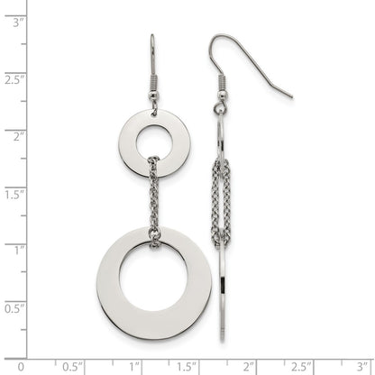 Stainless Steel Chisel Polished Circles Dangle Shepherd Hook Earrings