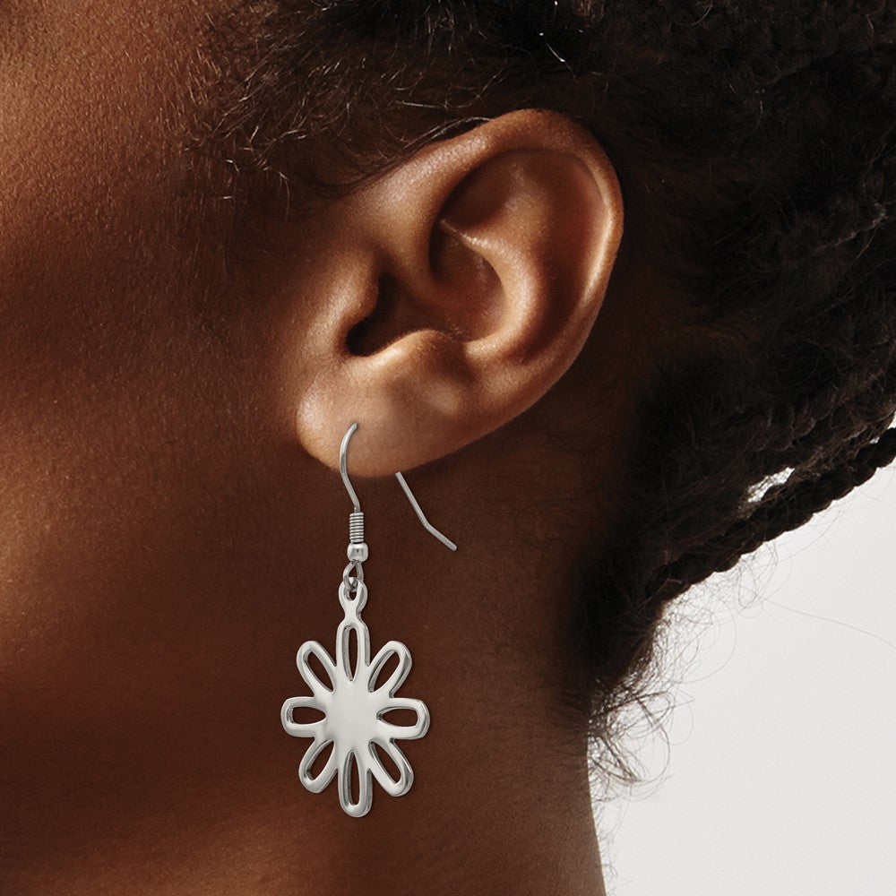 Stainless Steel Chisel Polished Large Flower Dangle Shepherd Hook Earrings
