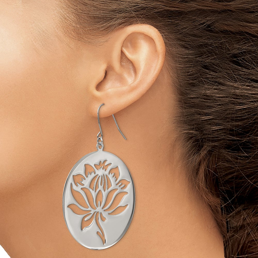 Stainless Steel Chisel Polished Flower Cut Out Dangle Shepherd Hook Earrings