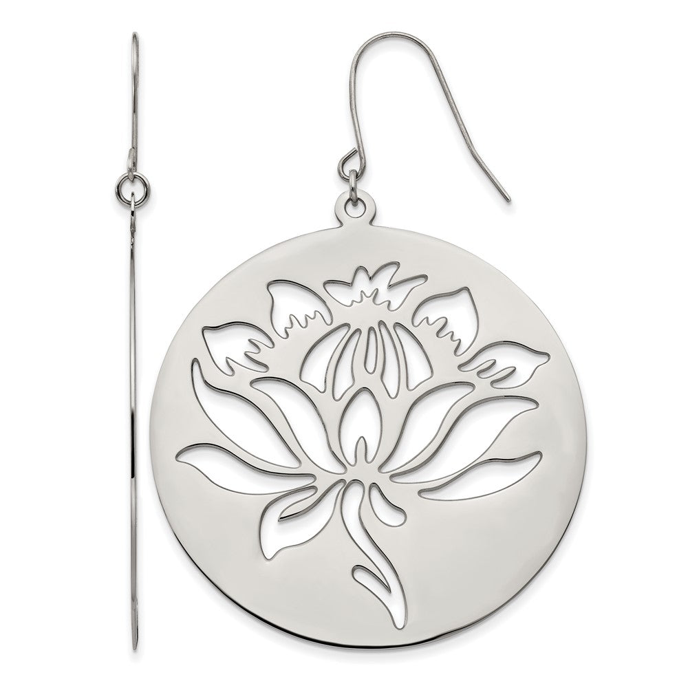 Stainless Steel Chisel Polished Flower Cut Out Dangle Shepherd Hook Earrings