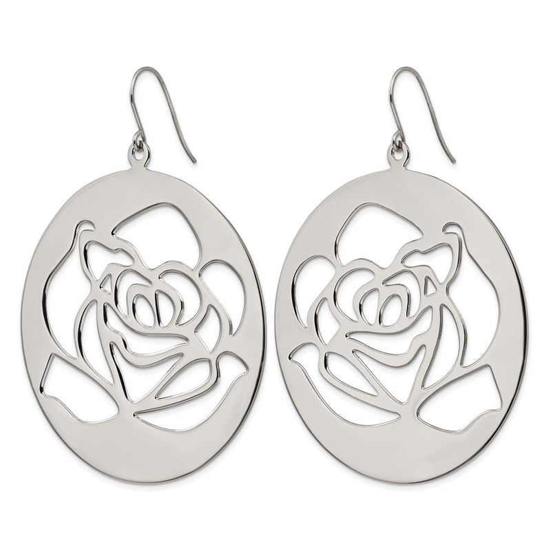 Stainless Steel Polished Rose Cut Out Dangle Shepherd Hook Earrings
