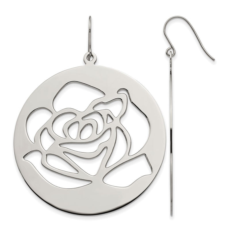 Stainless Steel Polished Rose Cut Out Dangle Shepherd Hook Earrings