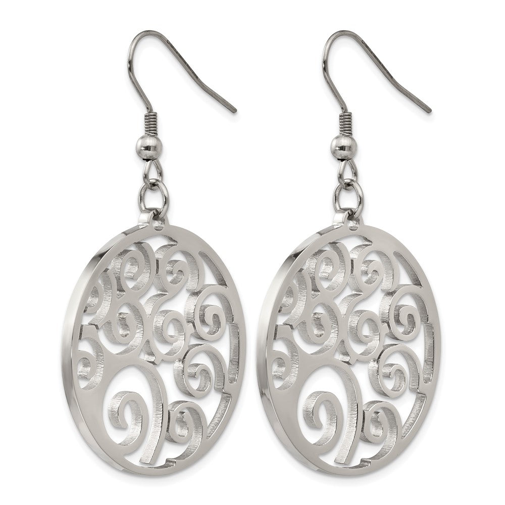 Stainless Steel Chisel Polished Fancy Swirl Cut Out Dangle Shepherd Hook Earrings