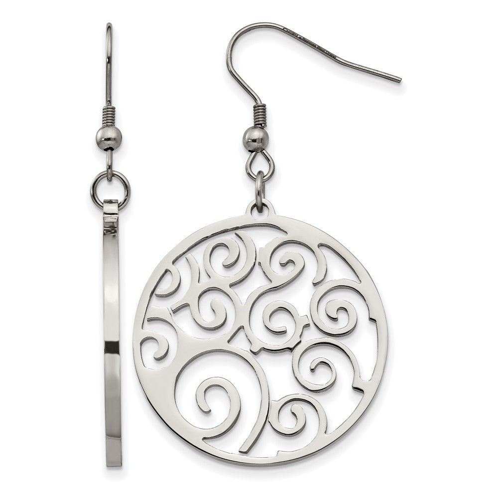 Stainless Steel Chisel Polished Fancy Swirl Cut Out Dangle Shepherd Hook Earrings