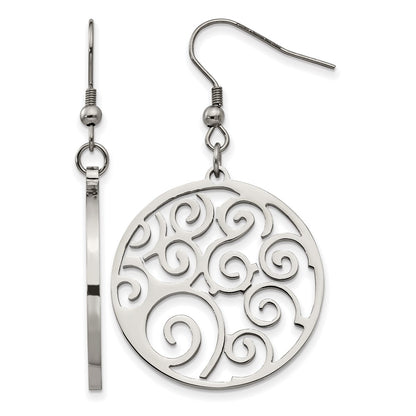 Stainless Steel Chisel Polished Fancy Swirl Cut Out Dangle Shepherd Hook Earrings