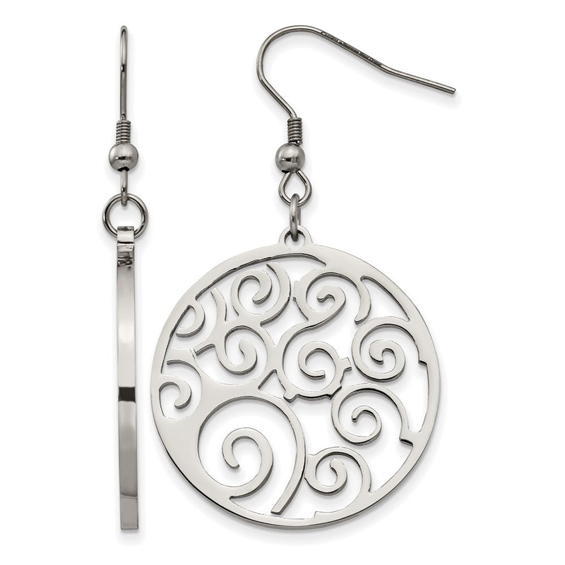 Stainless Steel Chisel Polished Fancy Swirl Cut Out Dangle Shepherd Hook Earrings