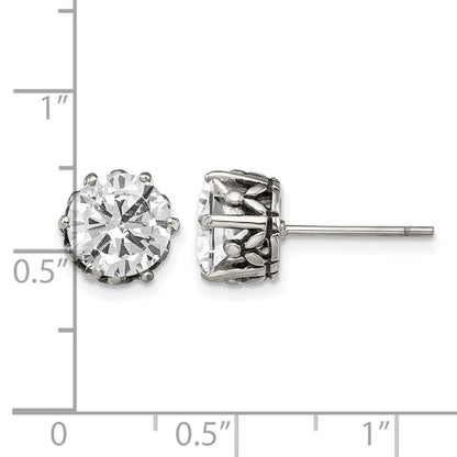 Stainless Steel Chisel Antiqued And Polished Round Cz Post Earrings
