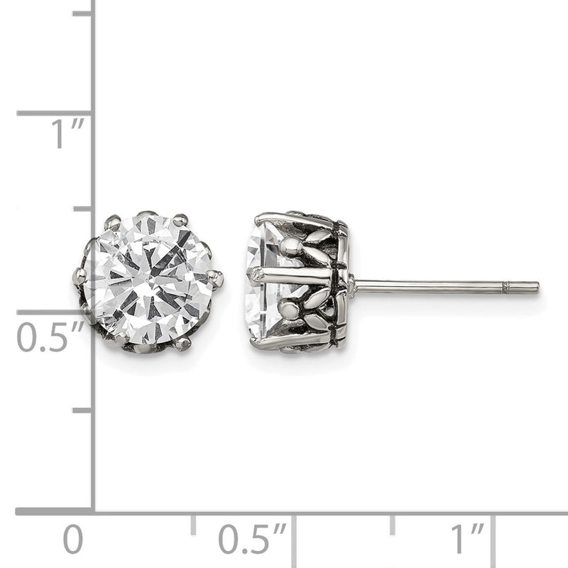 Stainless Steel Chisel Antiqued And Polished Round Cz Post Earrings