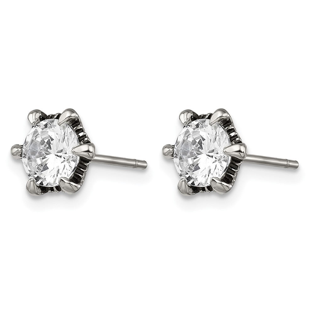 Stainless Steel Chisel Antiqued And Polished Cz Post Earrings