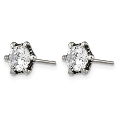 Stainless Steel Chisel Antiqued And Polished Cz Post Earrings