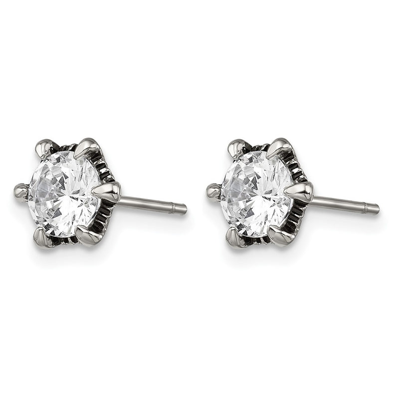 Stainless Steel Chisel Antiqued And Polished Cz Post Earrings