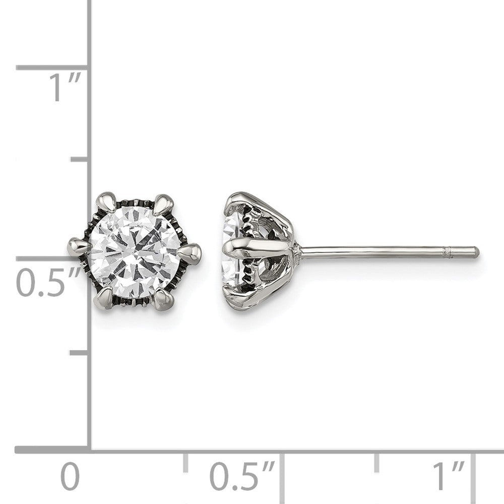 Stainless Steel Chisel Antiqued And Polished Cz Post Earrings
