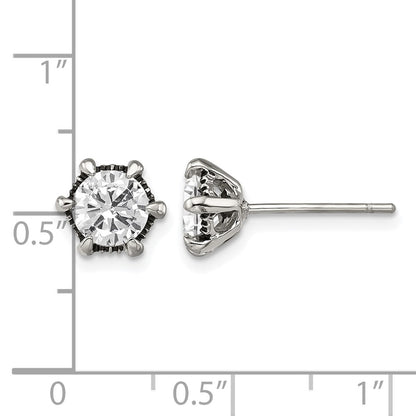 Stainless Steel Chisel Antiqued And Polished Cz Post Earrings