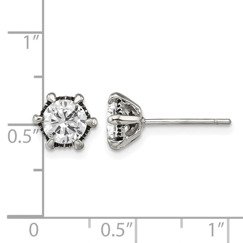 Stainless Steel Chisel Antiqued And Polished Cz Post Earrings