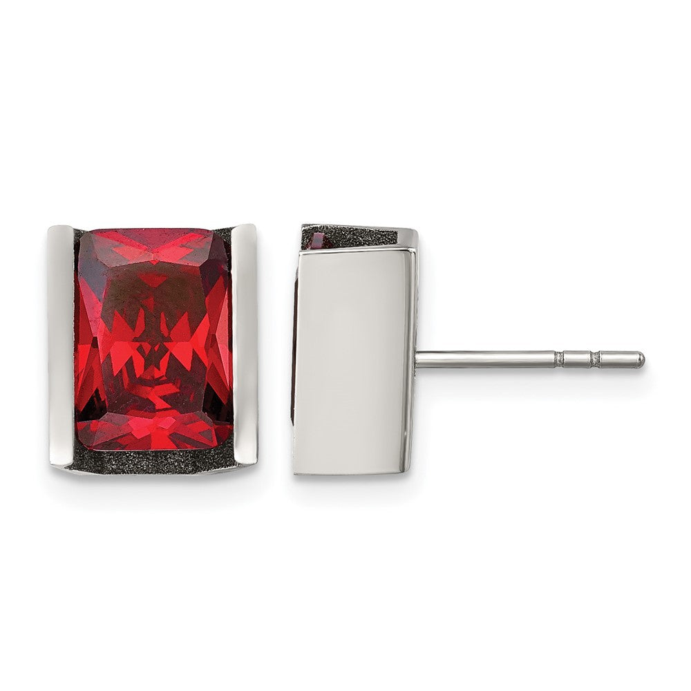 Stainless Steel Chisel Polished Red Cz Rectangle Post Earrings