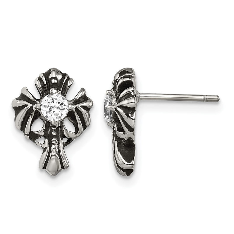 Stainless Steel Chisel Antiqued And Polished With Cz Cross Post Earrings