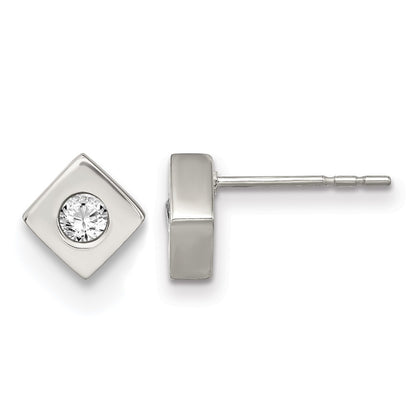 Stainless Steel Chisel Brushed With Cz Diamond-Shaped Post Earrings