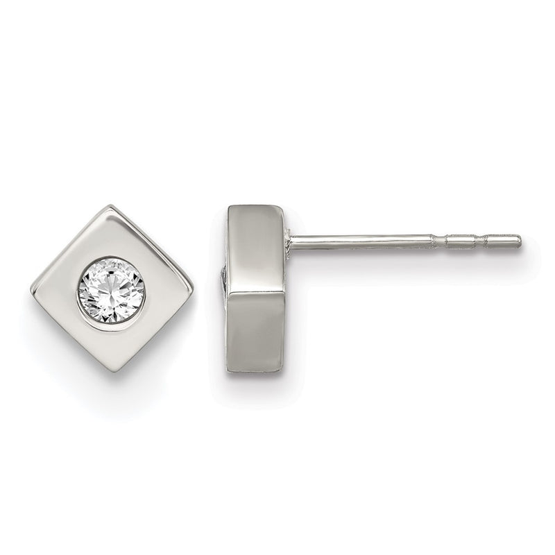 Stainless Steel Chisel Brushed With Cz Diamond-Shaped Post Earrings