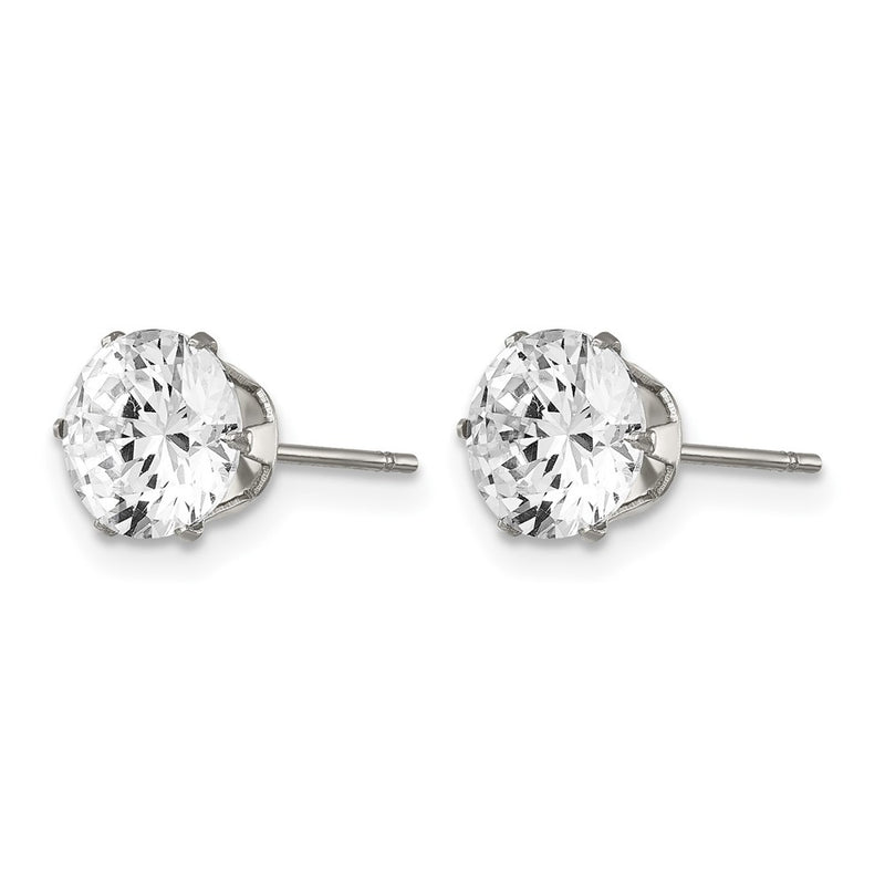 Stainless Steel Chisel Polished 7mm Round Cz Stud Post Earrings