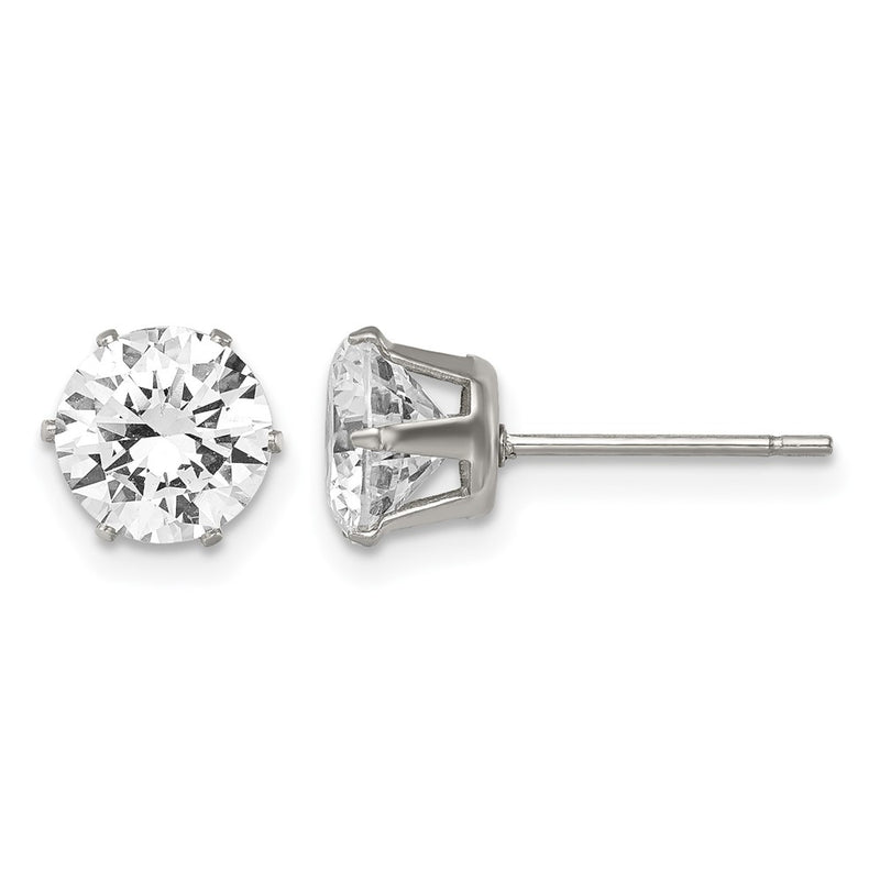 Stainless Steel Chisel Polished 7mm Round Cz Stud Post Earrings