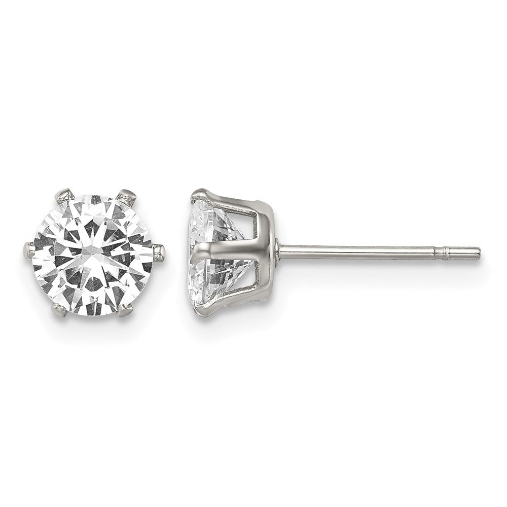 Stainless Steel Chisel Polished 6mm Round Cz Stud Post Earrings