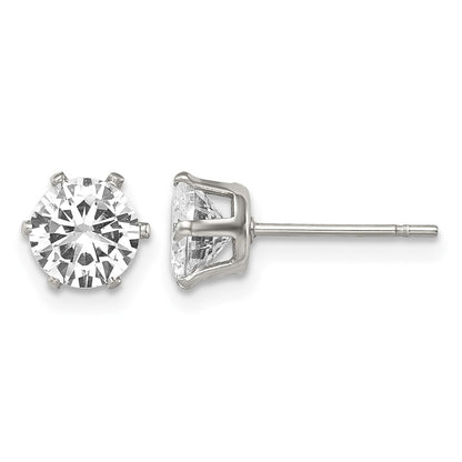 Stainless Steel Chisel Polished 6mm Round Cz Stud Post Earrings