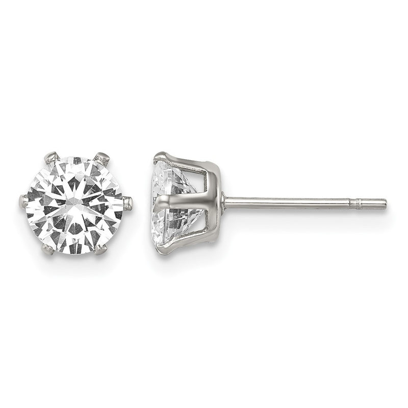 Stainless Steel Chisel Polished 6mm Round Cz Stud Post Earrings