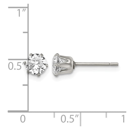 Stainless Steel Chisel Polished 5mm Round Cz Stud Post Earrings