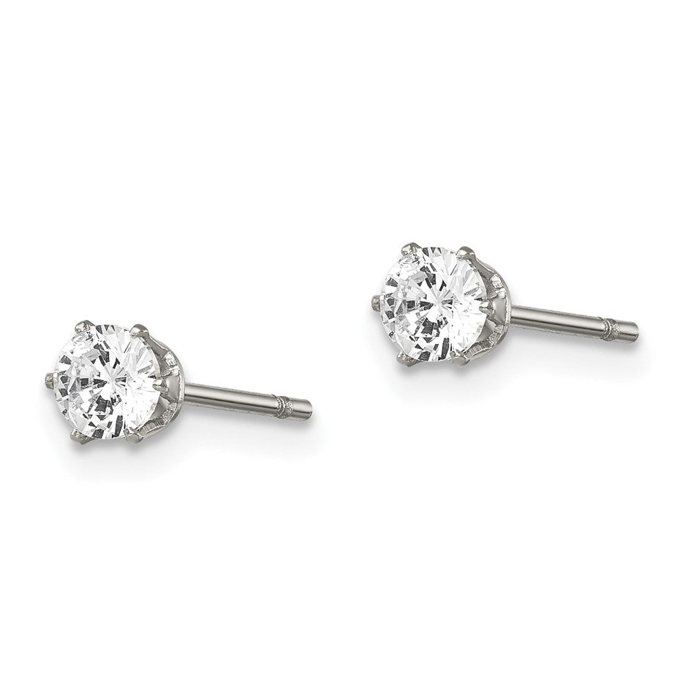 Stainless Steel Chisel Polished 4mm Round Cz Stud Post Earrings