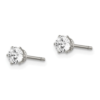 Stainless Steel Chisel Polished 4mm Round Cz Stud Post Earrings