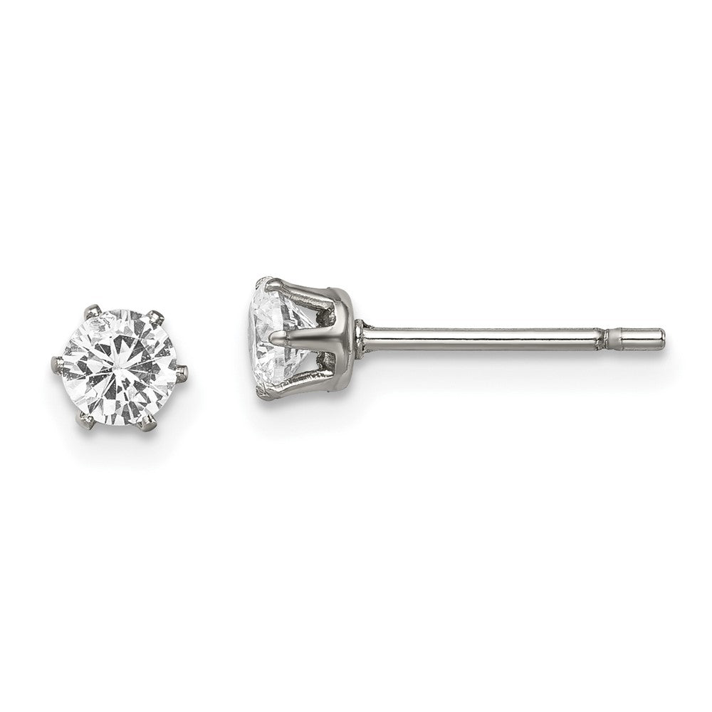Stainless Steel Chisel Polished 4mm Round Cz Stud Post Earrings