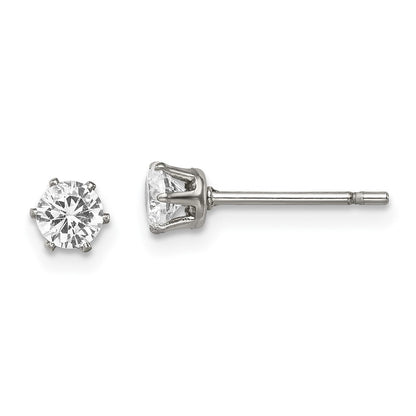 Stainless Steel Chisel Polished 4mm Round Cz Stud Post Earrings