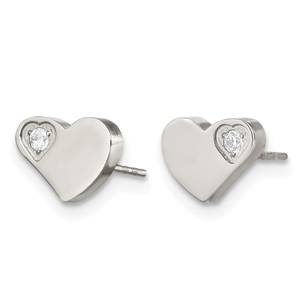 Stainless Steel Chisel Polished With Cz Heart Post Earrings