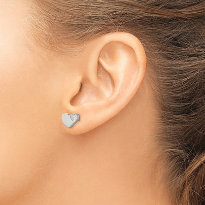 Stainless Steel Chisel Polished With Cz Heart Post Earrings