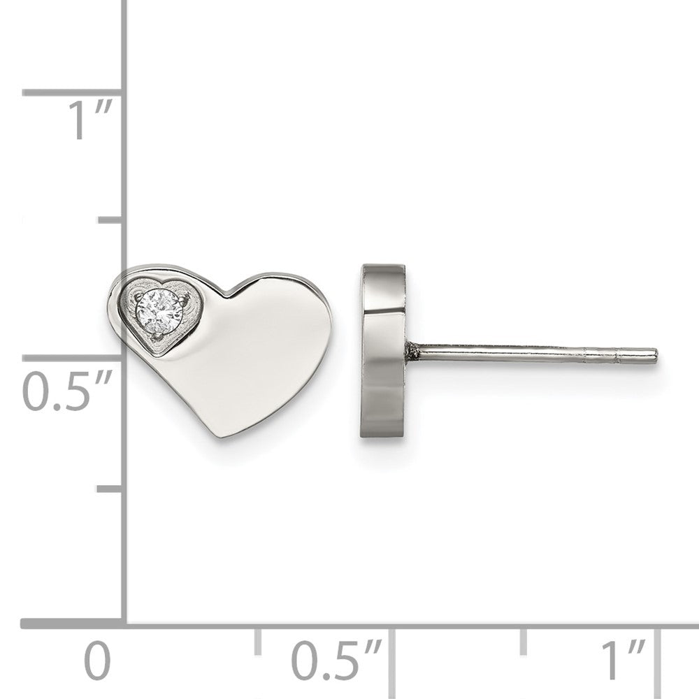 Stainless Steel Chisel Polished With Cz Heart Post Earrings