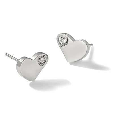 Stainless Steel Chisel Polished With Cz Heart Post Earrings