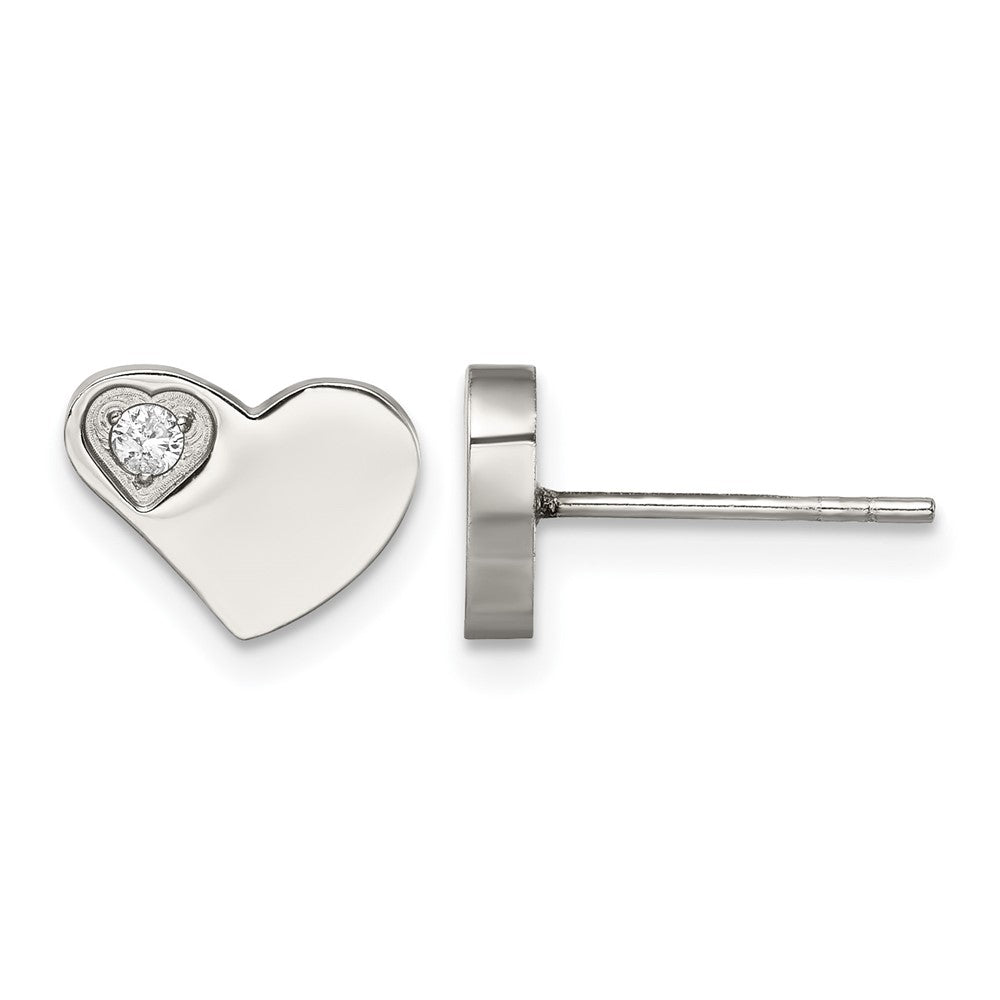 Stainless Steel Chisel Polished With Cz Heart Post Earrings