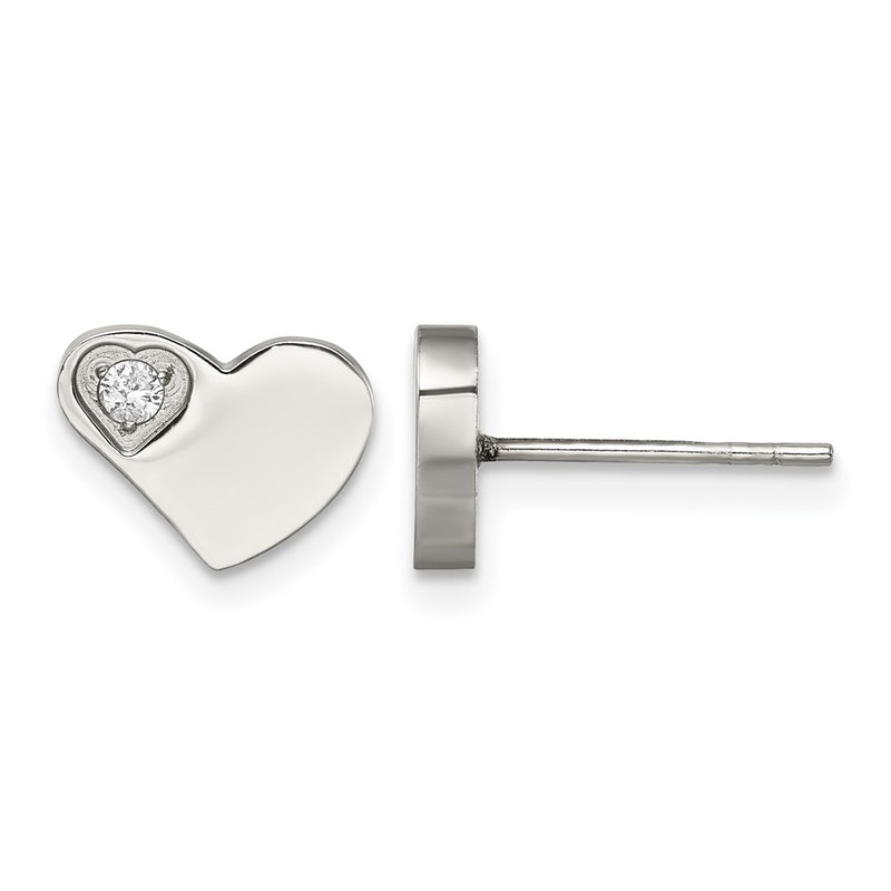 Stainless Steel Chisel Polished With Cz Heart Post Earrings