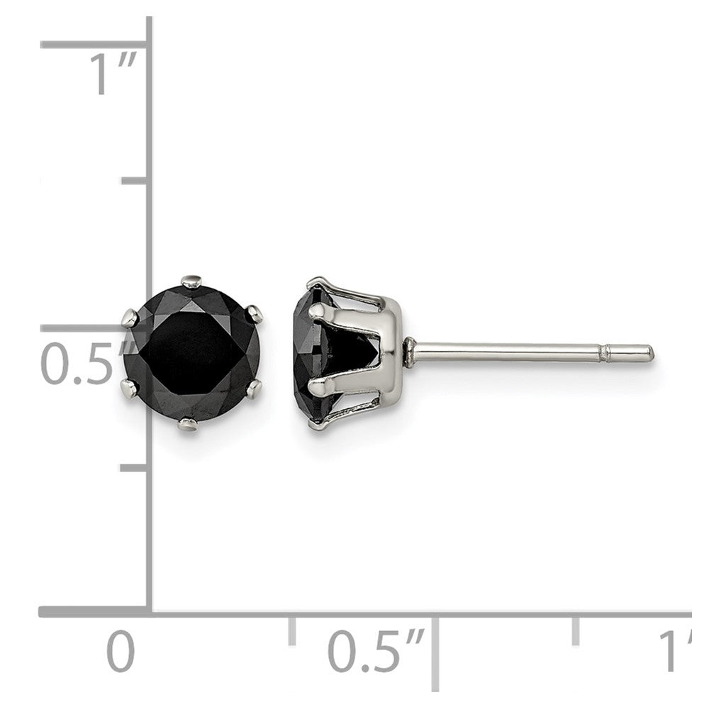 Stainless Steel Chisel Polished 6mm Black Round Cz Stud Post Earrings