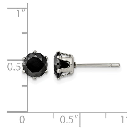 Stainless Steel Chisel Polished 6mm Black Round Cz Stud Post Earrings
