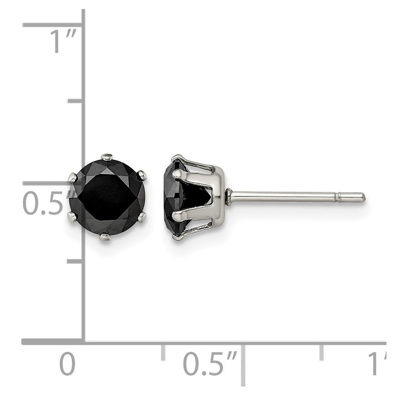 Stainless Steel Chisel Polished 6mm Black Round Cz Stud Post Earrings