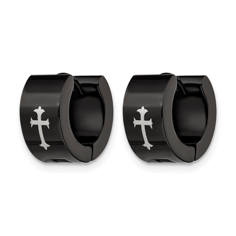 Stainless Steel Chisel Black Ip-Plated 7mm Hinged Hoop With Cross Earrings