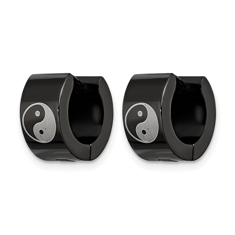 Stainless Steel Chisel Polished Black Ip-Plated 7mm Hinged Hoop W/Yin Yang Earrings