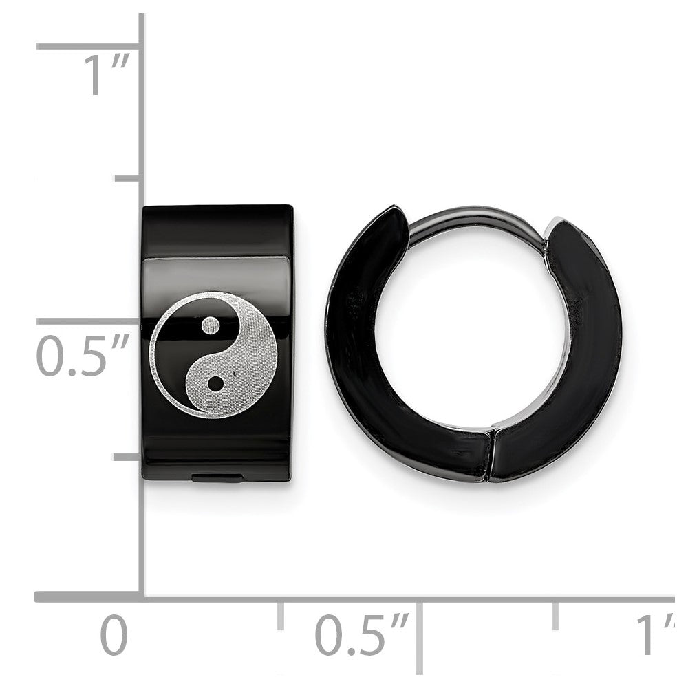 Stainless Steel Chisel Polished Black Ip-Plated 7mm Hinged Hoop W/Yin Yang Earrings