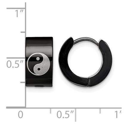 Stainless Steel Chisel Polished Black Ip-Plated 7mm Hinged Hoop W/Yin Yang Earrings