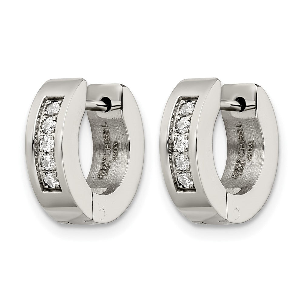 Stainless Steel Chisel Polished With Cz 4mm Hinged Hoop Earrings
